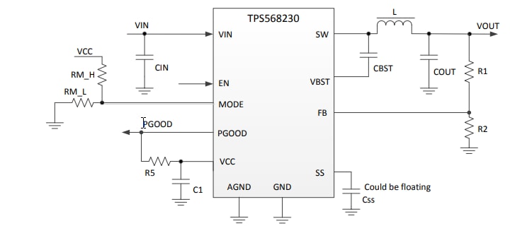 アプリケーション回路図 - Texas Instruments TPS568230同期降圧型電圧レギュレータ