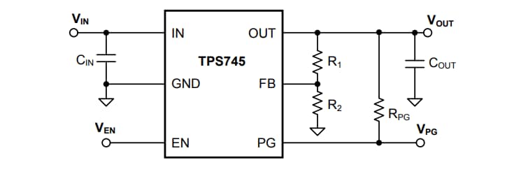 アプリケーション回路図 - Texas Instruments TPS745/TPS745-Q1調整式500mA LDOレギュレータ
