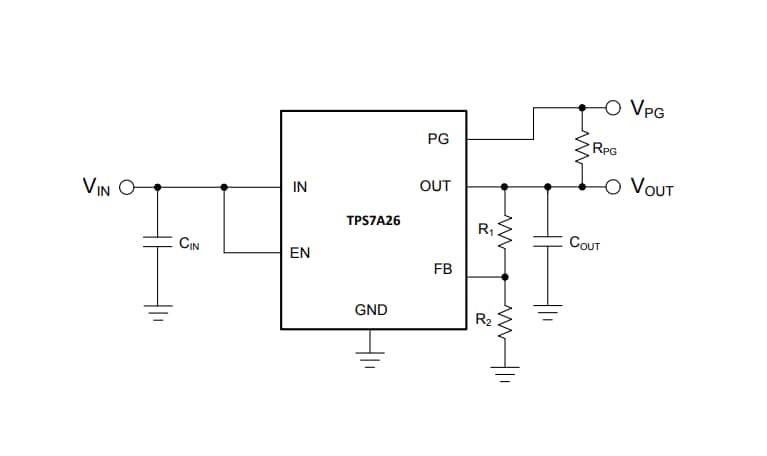 アプリケーション回路図 - Texas Instruments TPS7A26 LDOリニア電圧レギュレータ