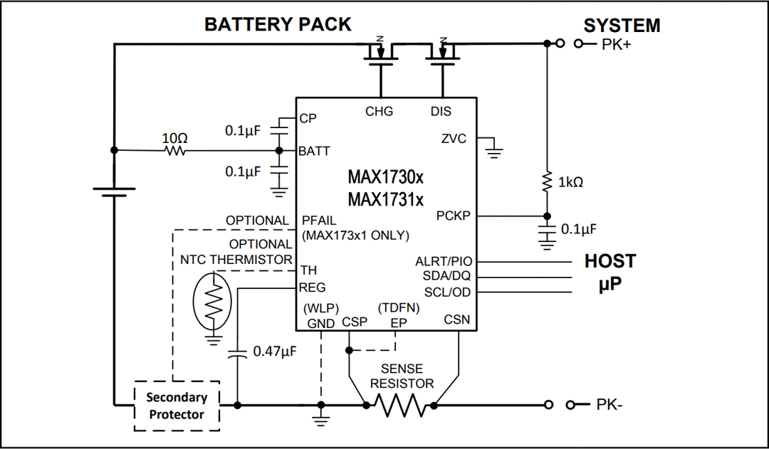 アプリケーション回路図 - Analog Devices / Maxim Integrated MAX17301–MAX17303/MAX17311–MAX17313残量計