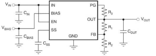 アプリケーション回路図 - onsemi NCV5974x LDO電圧レギュレータ