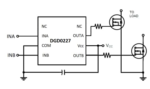 アプリケーション回路図 - Diodes Incorporated DGD0227ローサイド・ゲート・ドライバ