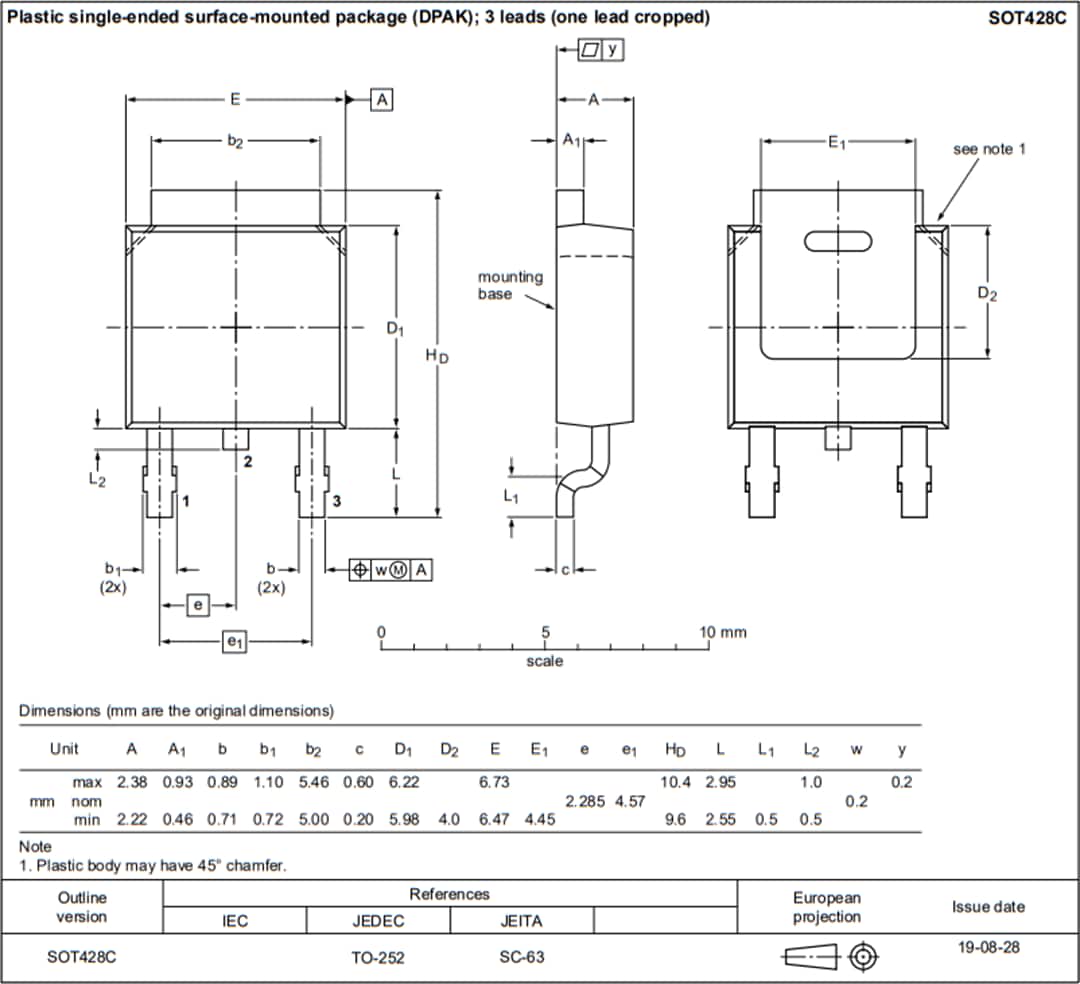 機械図面 - Nexperia MJD31C & MJD32C 100V 3Aバイポーラトランジスタ