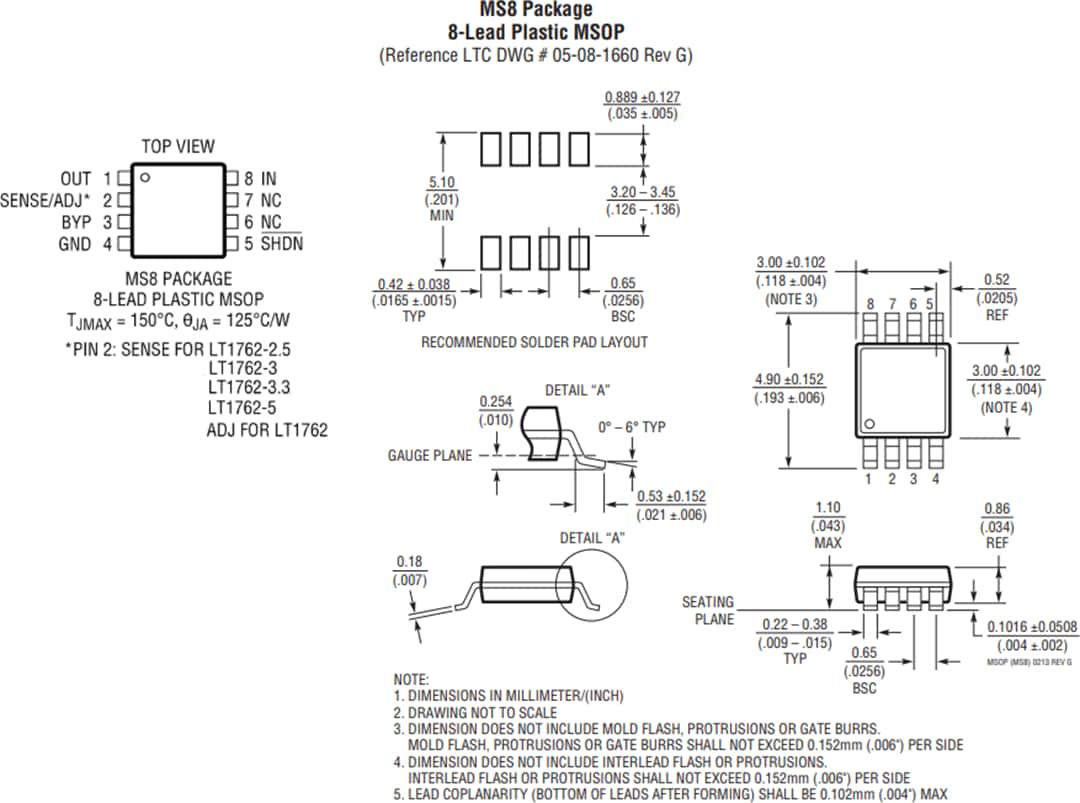 機械図面 - Analog Devices Inc. LT1762 150mA低ノイズMicropower LDOレギュレータ