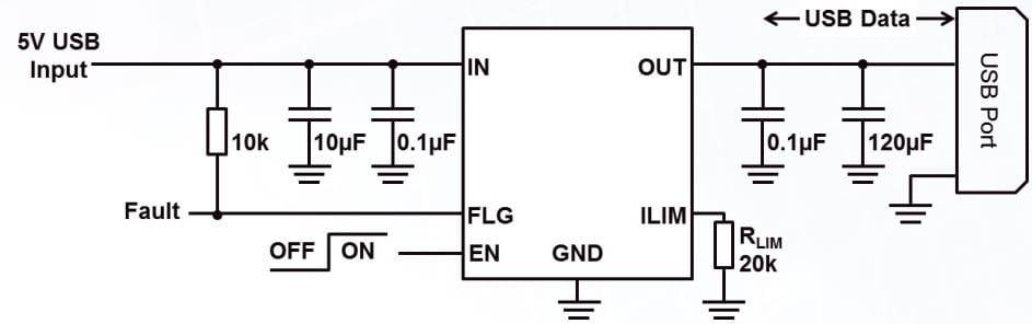 アプリケーション回路図 - Diodes Incorporated AP22652/3電流制限パワースイッチ