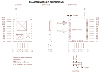 機械図面 - Microchip Technology RN4678 BLUETOOTH®デュアル・モード・モジュール
