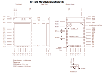 機械図面 - Microchip Technology RN4678 BLUETOOTH®デュアル・モード・モジュール