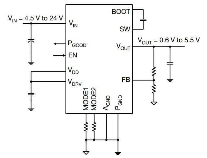 アプリケーション回路図 - Vishay microBRICK® DC/DCレギュレータモジュール