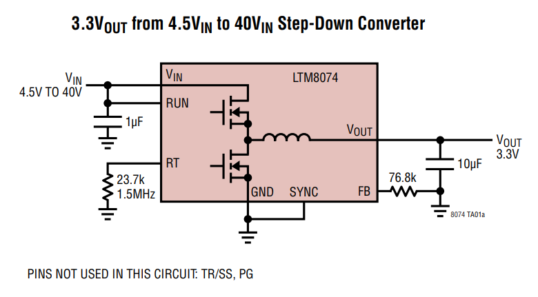 アプリケーション回路図 - Analog Devices Inc. LTM8074 40VIN Silent Switcher µModuleレギュレータ
