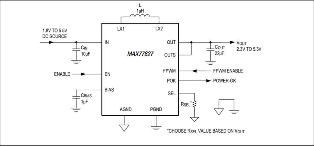アプリケーション回路図 - Analog Devices / Maxim Integrated MAX77827スイッチバックブーストコンバータ
