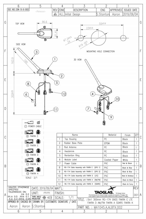 Mechanical Drawing - Taoglas MA1045 Supercombo Vehicle Mount 5-in-1 Antenna