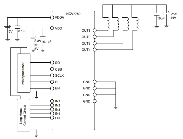 アプリケーション回路図 - onsemi NCV7750低圧側リレードライバ