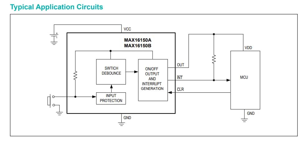 アプリケーション回路図 - Analog Devices / Maxim Integrated MAX16150 Nano-Powerプッシュボタン・コントローラ