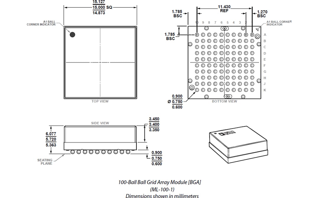 機械図面 - Analog Devices Inc. ADIS16500高精度、ミニチュアMEMS IMU