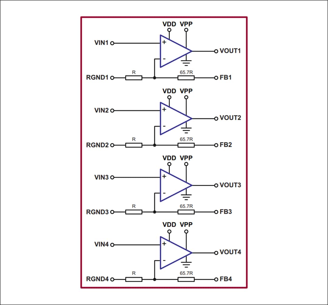 ブロック図 - Microchip Technology HV264クワッド高電圧アンプ・アレイ