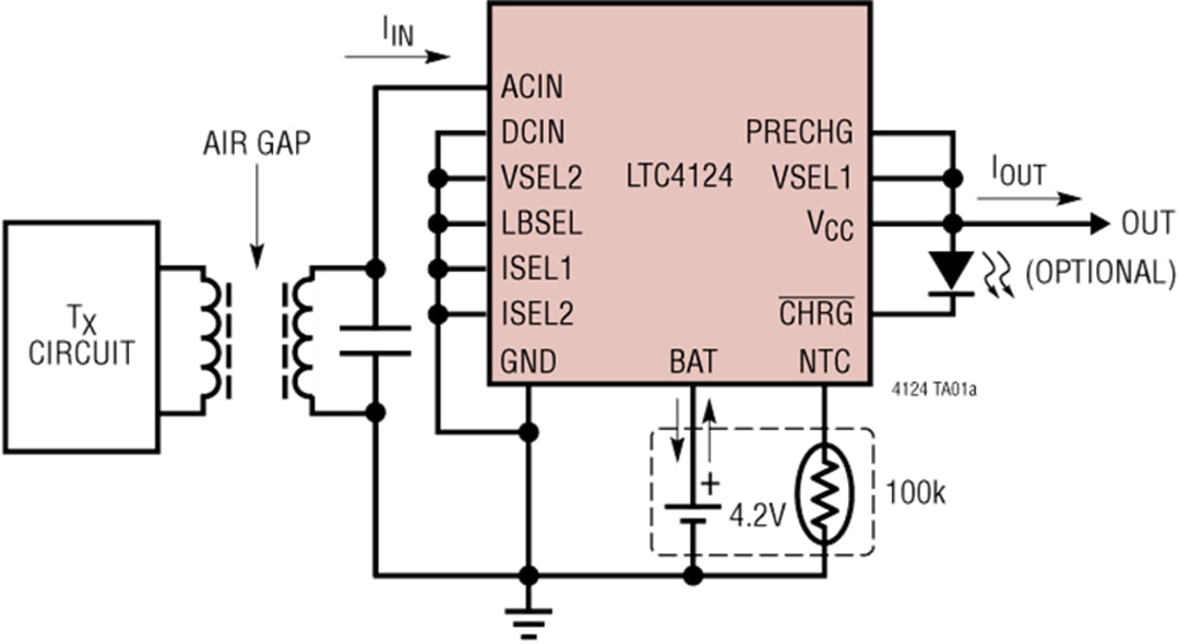 アプリケーション回路図 - Analog Devices Inc. LTC4124 100mAワイヤレス・リチウムイオン充電器
