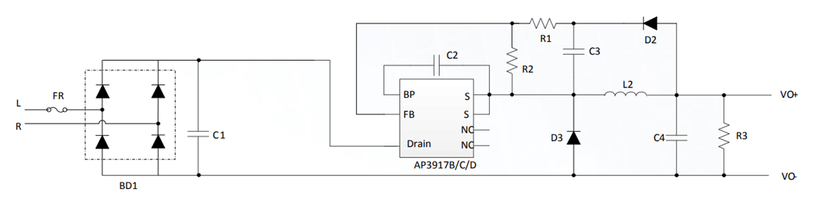 アプリケーション回路図 - Diodes Incorporated AP3917x降圧型パワースイッチャ
