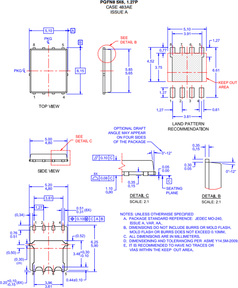 機械図面 - onsemi FDMS4D5N08LC 80VシングルNチャンネルパワーMOSFET