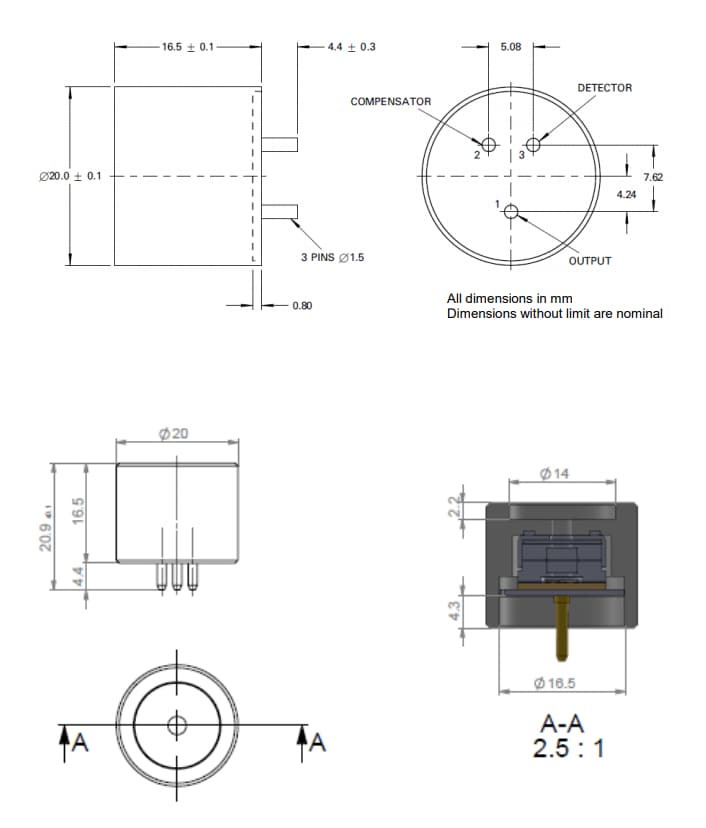 機械図面 - Amphenol SGX Sensortech VQ548MP2-DA触媒可燃性ガスセンサ