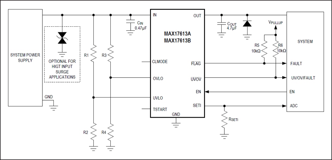 アプリケーション回路図 - Analog Devices / Maxim Integrated MAX17613システム保護IC