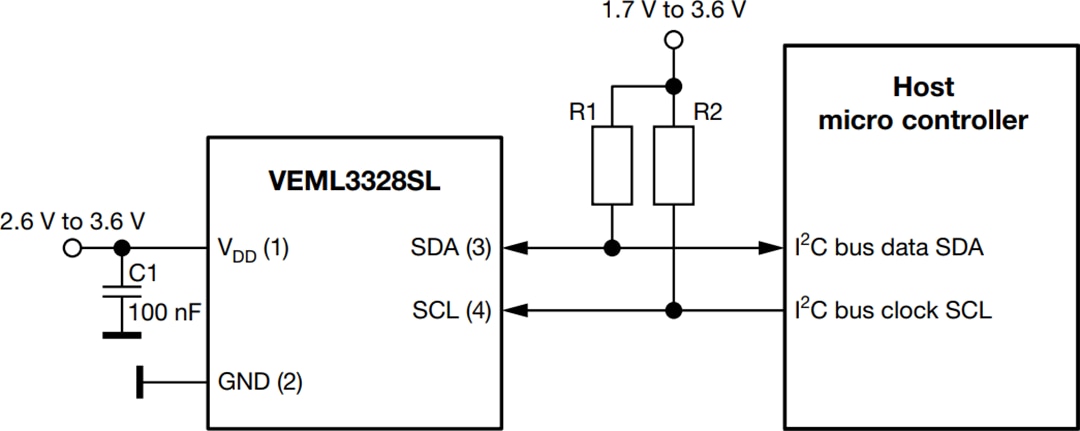 アプリケーション回路図 - Vishay VEML3328 & VEML3328SL RGBCIRカラーセンサ
