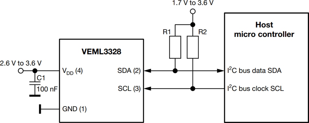 アプリケーション回路図 - Vishay VEML3328 & VEML3328SL RGBCIRカラーセンサ