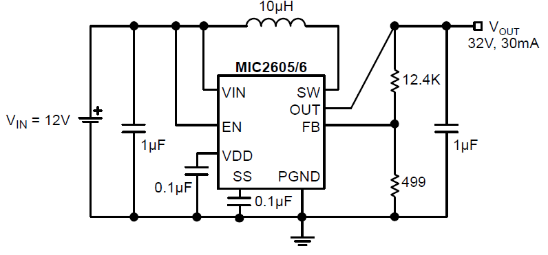 アプリケーション回路図 - Microchip Technology MIC2606スイッチング電圧レギュレータ