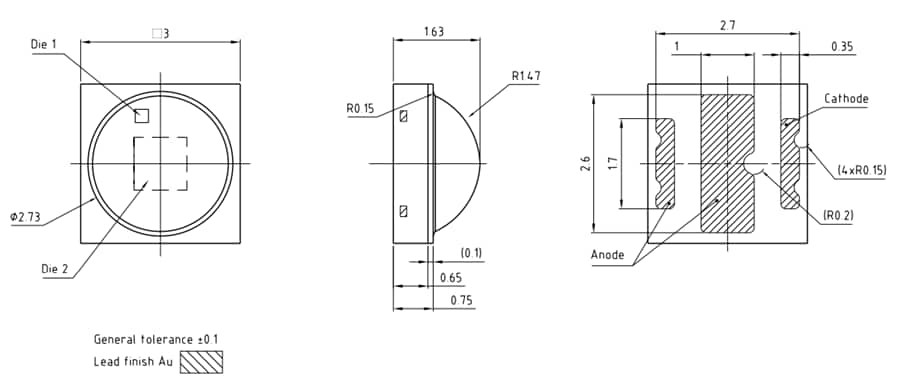 機械図面 - ams OSRAM OSCONIQ® P 3030単色LED