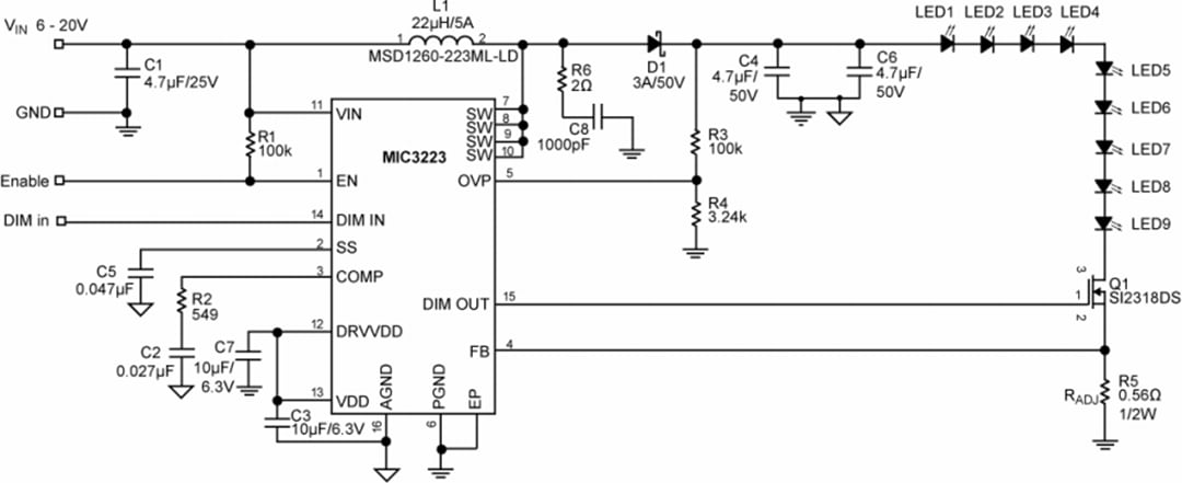 アプリケーション回路図 - Microchip Technology MIC3223高電力ブーストLEDドライバ