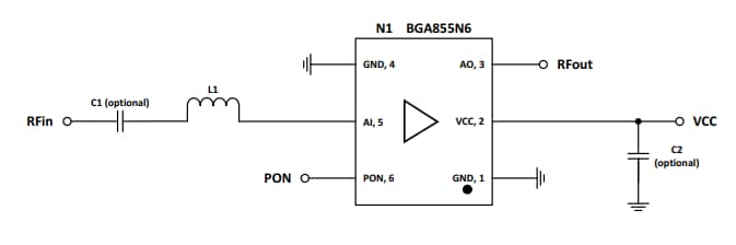 アプリケーション回路図 - Infineon Technologies BGA855N6低ノイズRFアンプ