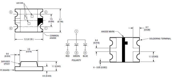 機械図面 - Broadcom HSMF-C118 3色チップLED