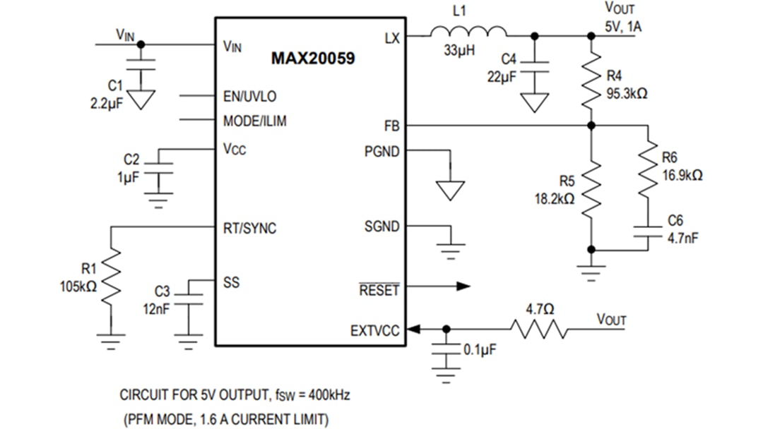 アプリケーション回路図 - Analog Devices / Maxim Integrated MAX20059同期降圧型DC-DCコンバータ