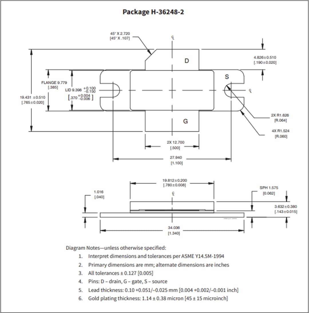 機械図面 - MACOM GTVAハイパワーRF GaN on SiC HEMT