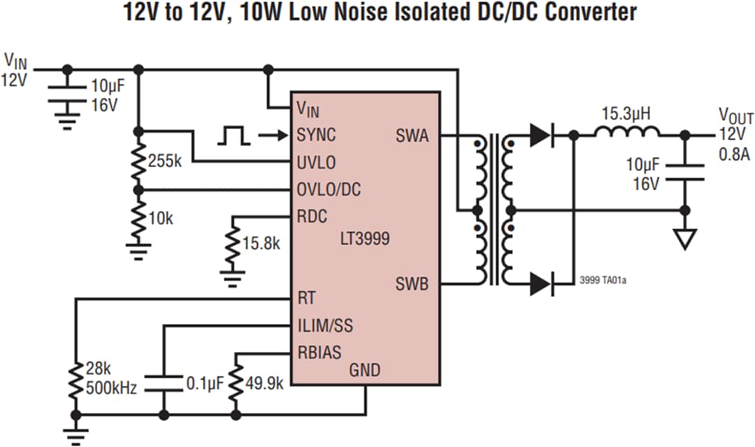 アプリケーション回路図 - Analog Devices Inc. LT3999 DC-DCトランスドライバ