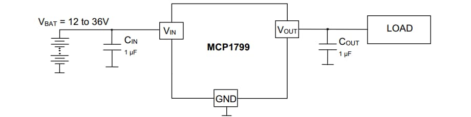 アプリケーション回路図 - Microchip Technology MCP1799高電圧LDOレギュレータ
