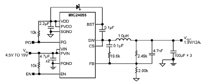 アプリケーション回路図 - Microchip Technology MIC24055スイッチング電圧レギュレータ