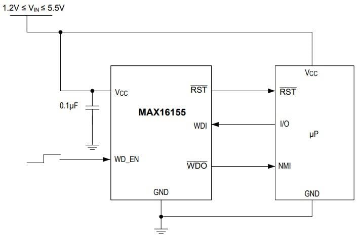 アプリケーション回路図 - Analog Devices / Maxim Integrated MAX1615x超低電流監視回路