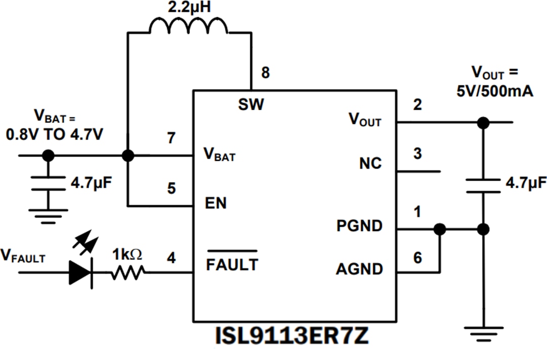 アプリケーション回路図 - Renesas Electronics ISL9113同期ブーストコンバータ