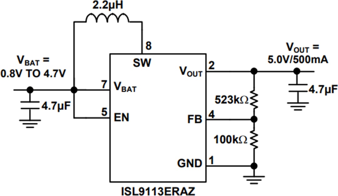 アプリケーション回路図 - Renesas Electronics ISL9113同期ブーストコンバータ
