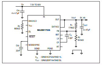 アプリケーション回路図 - Analog Devices / Maxim Integrated MAX17536スイッチング電圧レギュレータ 