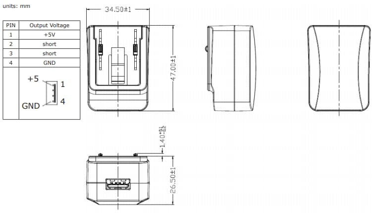 機械図面 - CUI Inc SMI5-USB AC-DC電源