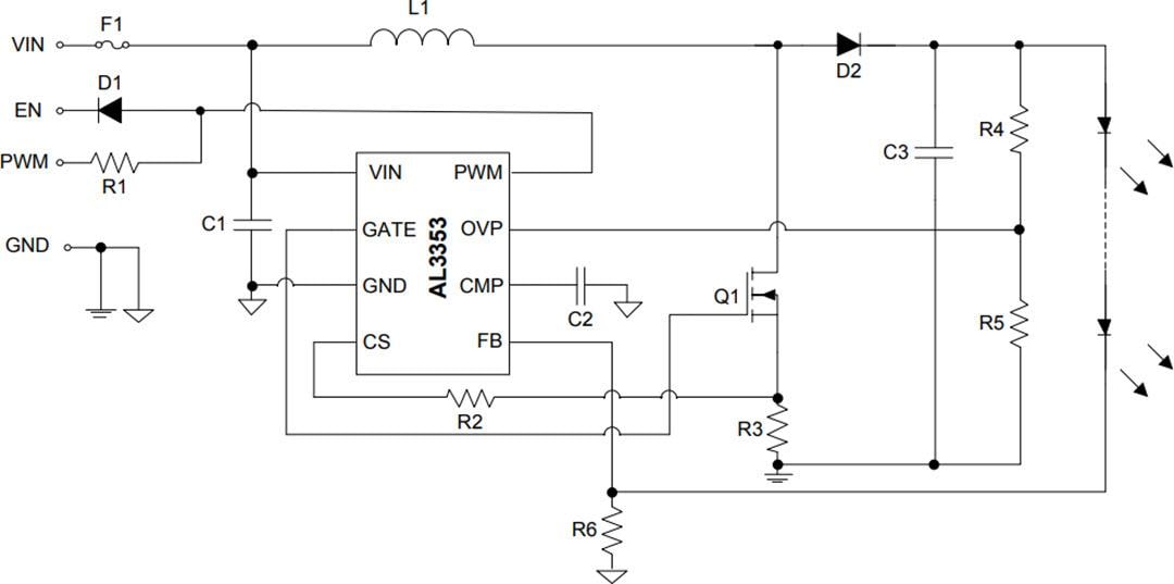 アプリケーション回路図 - Diodes Incorporated AL3353高性能ブーストLEDコントローラ