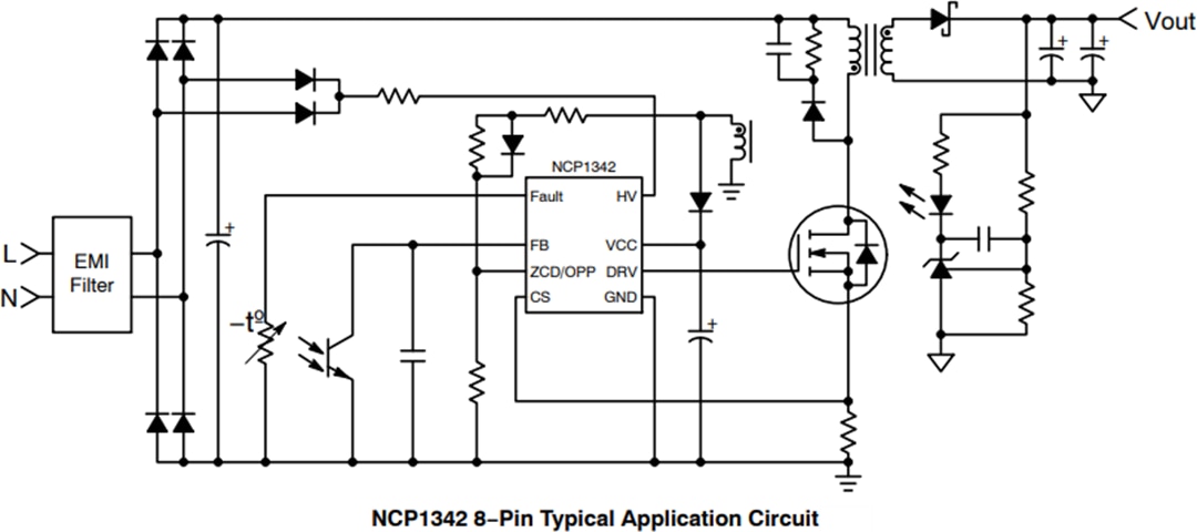 アプリケーション回路図 - onsemi NCP1342擬似共振フライバック・コントローラ