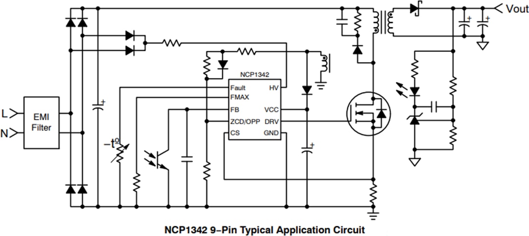 アプリケーション回路図 - onsemi NCP1342擬似共振フライバック・コントローラ