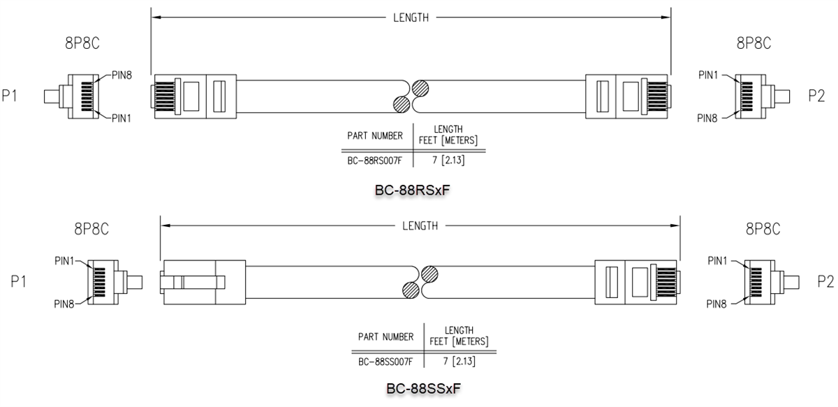 機械図面 - Stewart Connector / Cinch Connectivity Solutions BC-88 RJ45パッチコードケーブル