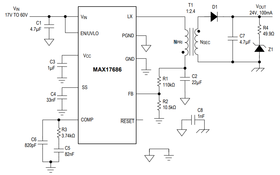 アプリケーション回路図 - Analog Devices / Maxim Integrated MAX17686 絶縁型バックDC/DCコンバータ
