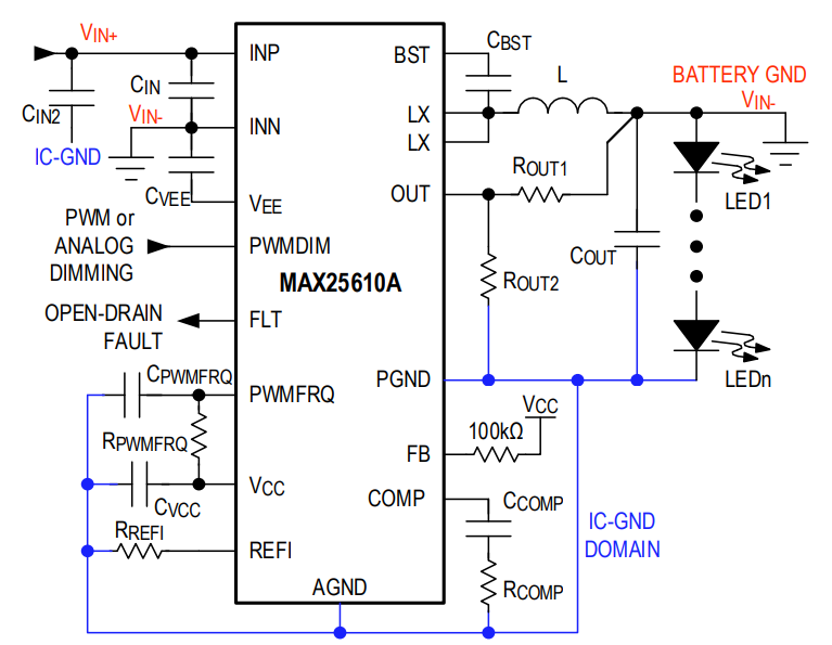アプリケーション回路図 - Analog Devices / Maxim Integrated MAX25610xバックおよびバックブーストLEDドライバ