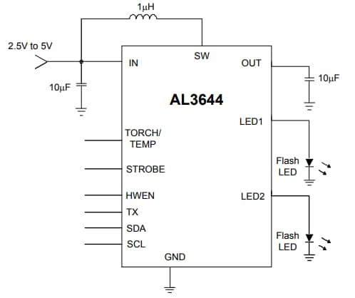 アプリケーション回路図 - Diodes Incorporated AL3644カメラFlash LEDドライバ