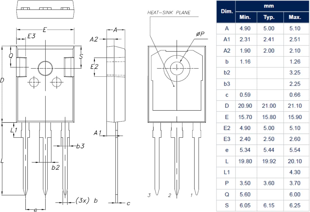 機械図面 - STMicroelectronics STWA70N65DM6 Nチャンネル650V 68AパワーMOSFET