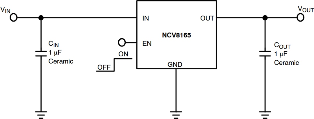 アプリケーション回路図 - onsemi NCV8165 500mA LDOリニア電圧レギュレータ